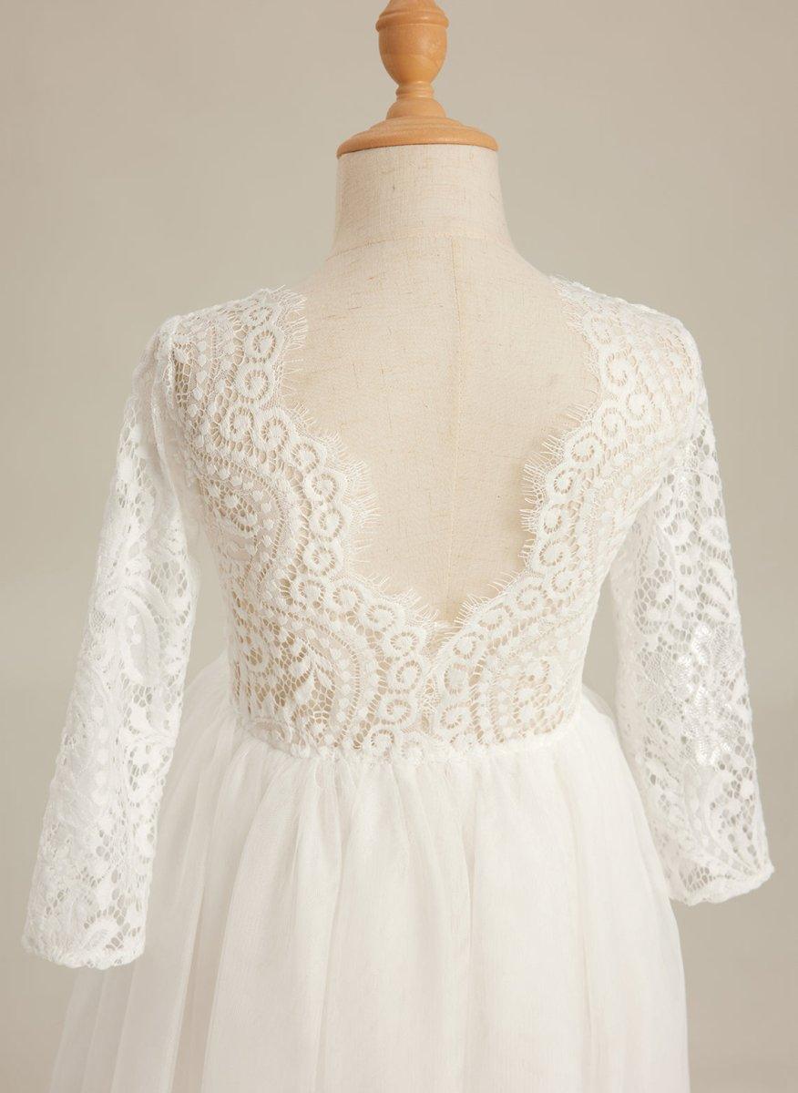 Angelic White Lace A-Line Long Sleeve Tulle Flower Girl Dress