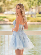 A-Line Spaghetti-Straps Sky Blue Lace Homecoming Dress With Appliques