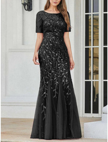 Meerjungfrau/Trompete Kleid für die Mutter der Braut, Hochzeitsgast, funkelnd und glänzend, elegant, Rundhalsausschnitt, bodenlang, mit Pailletten besetzt, kurze Ärmel mit Falten, Pailletten