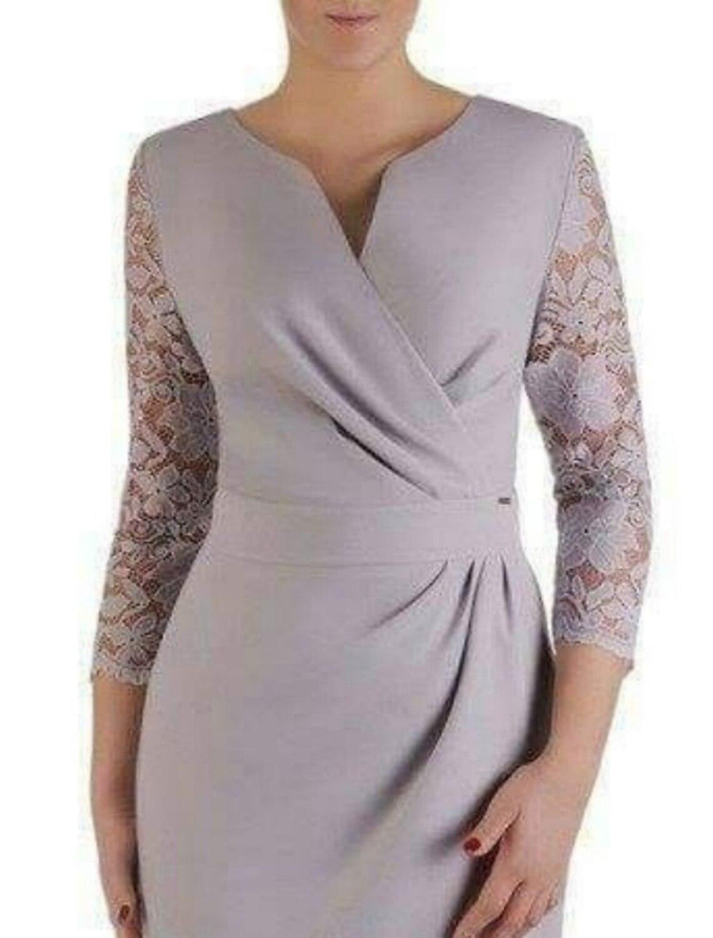 Vestido de mãe da noiva com bainha/coluna, minimalista e elegante, decote em V, comprimento até ao joelho, renda, tecido elástico, manga 3/4 com franzido
