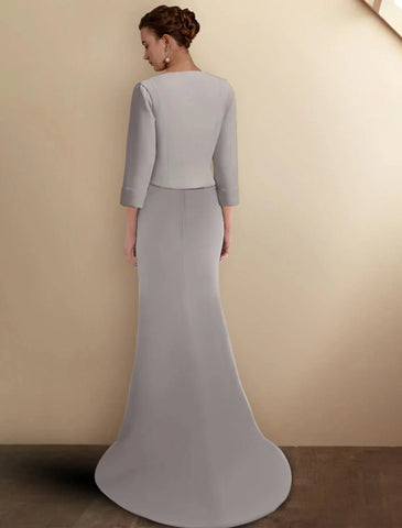 Meerjungfrau/Trompete Kleid für die Brautmutter, elegant, mit Rundhalsausschnitt, Sweep/Pinselzug, ärmelloses Stretch-Chiffon, kurzes Jackenkleid mit Applikationen