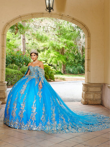 Quinceanera-Kleid mit Cape-Applikation von House of Wu 26083