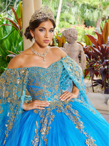 Quinceanera-Kleid mit Cape-Applikation von House of Wu 26083