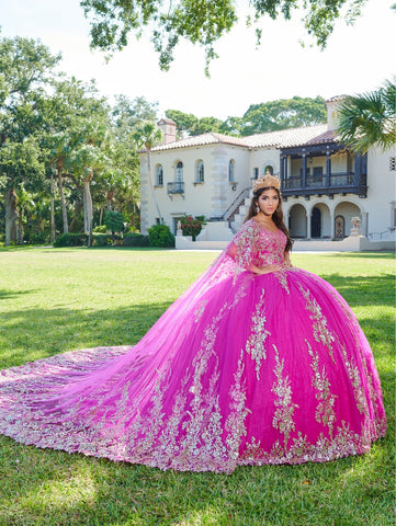 Quinceanera-Kleid mit Cape-Applikation von House of Wu 26083