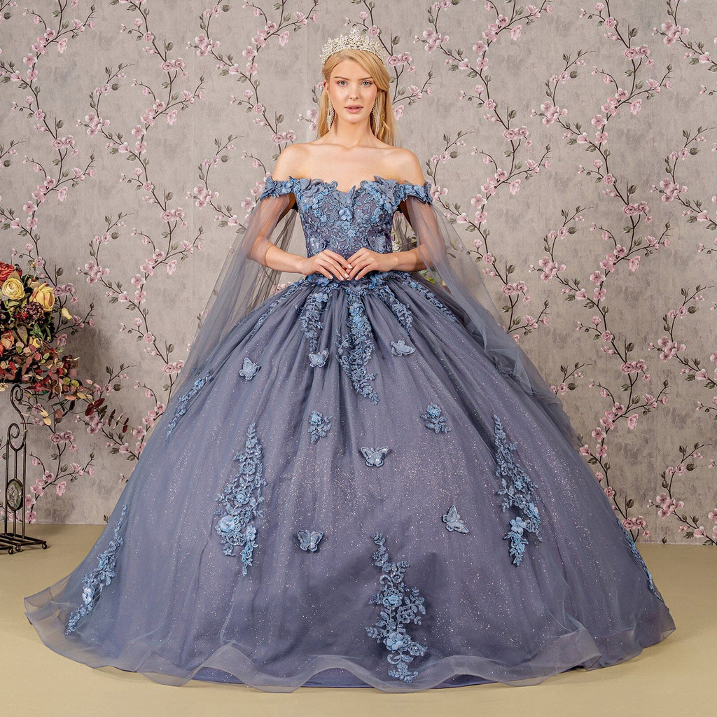 Applique Cape Sleeve Ball Gown by Elizabeth K GL3181