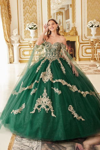 Glitzerndes Ballkleid mit Cape-Ärmeln und Applikation von Ladivine 15711