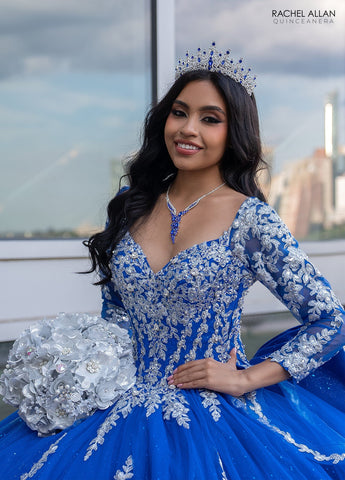 Quinceanera-Kleid mit Applikation und langen Ärmeln von Rachel Allan RQ1137