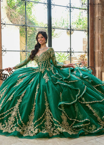 Quinceanera-Kleid mit Applikation und langen Ärmeln von Rachel Allan RQ1137