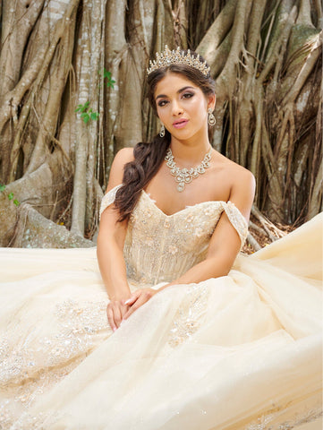 Schulterfreies Quinceanera-Kleid mit Applikation von Fiesta Gowns 56493