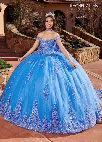 Vestido de quinceanera com aplicações e ombros à mostra de Rachel Allan RQ1121