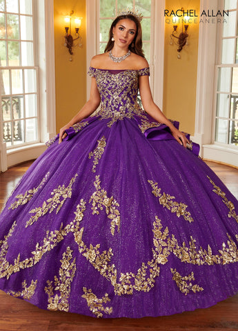 Vestido de quinceanera com aplicações e ombros à mostra de Rachel Allan RQ2162