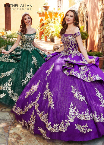 Vestido de quinceanera com aplicações e ombros à mostra de Rachel Allan RQ2162