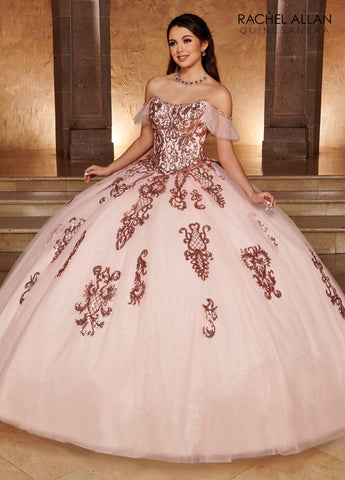 Schulterfreies Quinceanera-Kleid mit Applikation von Rachel Allan RQ2166