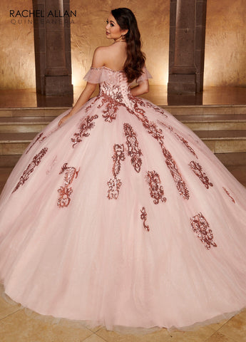 Schulterfreies Quinceanera-Kleid mit Applikation von Rachel Allan RQ2166
