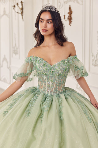 Schulterfreies Ballkleid mit kurzen Ärmeln und Applikation von Ladivine 15725