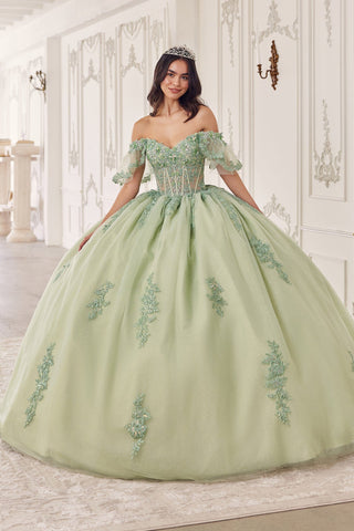 Schulterfreies Ballkleid mit kurzen Ärmeln und Applikation von Ladivine 15725