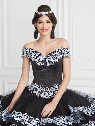 Schulterfreies Quinceanera-Kleid mit Applikationen und Stufen von LA Glitter 24062