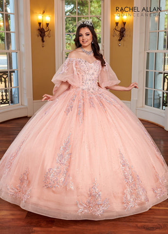 Quinceanera-Kleid mit Puffärmeln und Applikation von Rachel Allan RQ1110