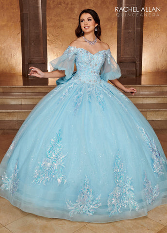 Quinceanera-Kleid mit Puffärmeln und Applikation von Rachel Allan RQ1110