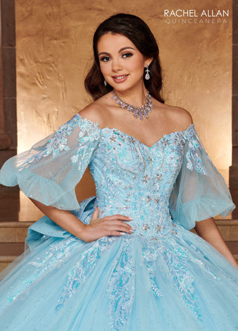 Quinceanera-Kleid mit Puffärmeln und Applikation von Rachel Allan RQ1110