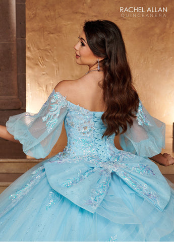 Quinceanera-Kleid mit Puffärmeln und Applikation von Rachel Allan RQ1110