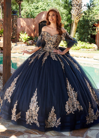 Quinceanera-Kleid mit Puffärmeln und Applikation von Rachel Allan RQ1110