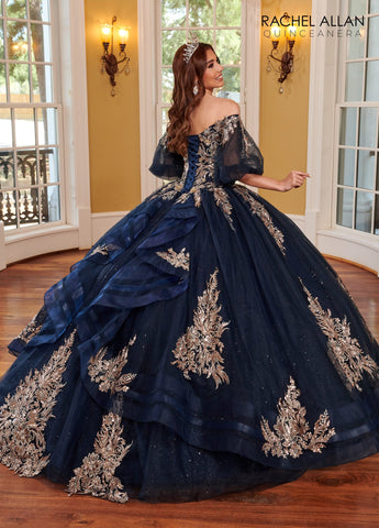 Quinceanera-Kleid mit Puffärmeln und Applikation von Rachel Allan RQ1110