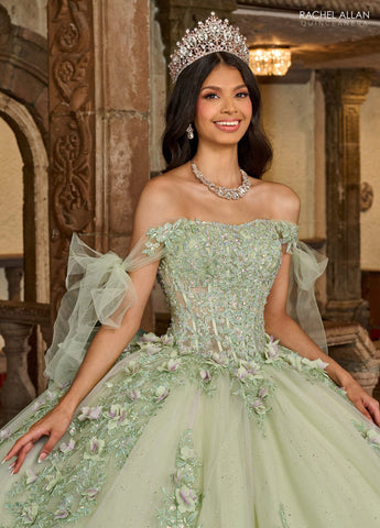 Quinceanera-Kleid mit transparentem Korsett und Applikation von Rachel Allan RQ1132