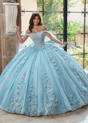 Quinceanera-Kleid mit transparentem Korsett und Applikation von Rachel Allan RQ1132