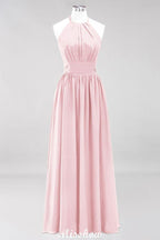 Appliques Halter Sleeveless Floor-Length Bridesmaid Dresses with Ruffles A-line Chiffon Evening Maxi Dress