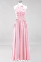 Appliques Halter Sleeveless Floor-Length Bridesmaid Dresses with Ruffles A-line Chiffon Evening Maxi Dress