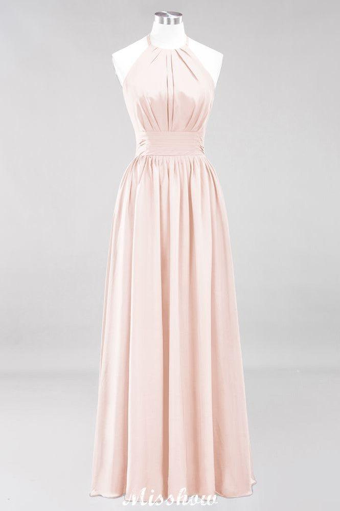 Appliques Halter Sleeveless Floor-Length Bridesmaid Dresses with Ruffles A-line Chiffon Evening Maxi Dress