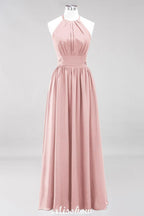 Appliques Halter Sleeveless Floor-Length Bridesmaid Dresses with Ruffles A-line Chiffon Evening Maxi Dress