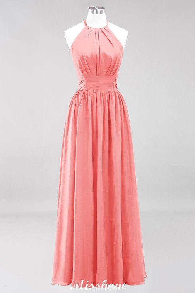 Appliques Halter Sleeveless Floor-Length Bridesmaid Dresses with Ruffles A-line Chiffon Evening Maxi Dress
