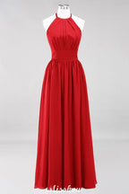Appliques Halter Sleeveless Floor-Length Bridesmaid Dresses with Ruffles A-line Chiffon Evening Maxi Dress