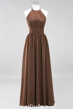 Appliques Halter Sleeveless Floor-Length Bridesmaid Dresses with Ruffles A-line Chiffon Evening Maxi Dress