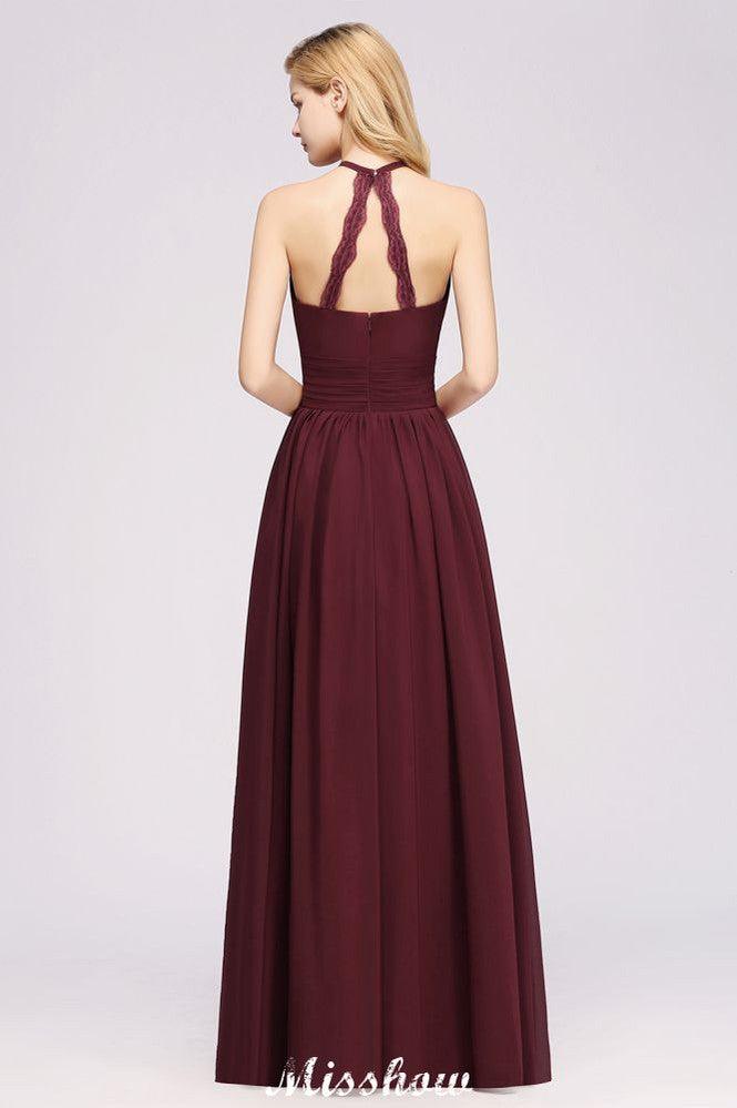 Appliques Halter Sleeveless Floor-Length Bridesmaid Dresses with Ruffles A-line Chiffon Evening Maxi Dress