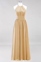 Appliques Halter Sleeveless Floor-Length Bridesmaid Dresses with Ruffles A-line Chiffon Evening Maxi Dress