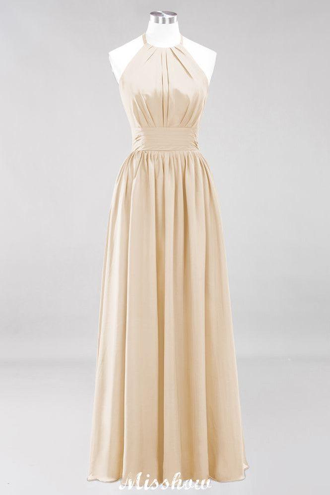 Appliques Halter Sleeveless Floor-Length Bridesmaid Dresses with Ruffles A-line Chiffon Evening Maxi Dress