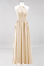 Appliques Halter Sleeveless Floor-Length Bridesmaid Dresses with Ruffles A-line Chiffon Evening Maxi Dress