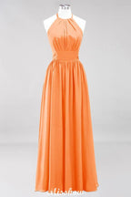 Appliques Halter Sleeveless Floor-Length Bridesmaid Dresses with Ruffles A-line Chiffon Evening Maxi Dress