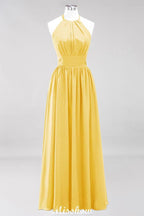 Appliques Halter Sleeveless Floor-Length Bridesmaid Dresses with Ruffles A-line Chiffon Evening Maxi Dress