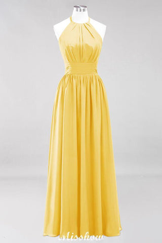 Appliques Halter Sleeveless Floor-Length Bridesmaid Dresses with Ruffles A-line Chiffon Evening Maxi Dress