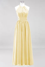 Appliques Halter Sleeveless Floor-Length Bridesmaid Dresses with Ruffles A-line Chiffon Evening Maxi Dress