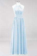 Appliques Halter Sleeveless Floor-Length Bridesmaid Dresses with Ruffles A-line Chiffon Evening Maxi Dress