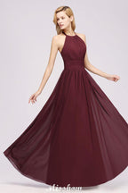 Appliques Halter Sleeveless Floor-Length Bridesmaid Dresses with Ruffles A-line Chiffon Evening Maxi Dress