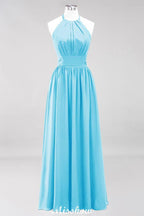 Appliques Halter Sleeveless Floor-Length Bridesmaid Dresses with Ruffles A-line Chiffon Evening Maxi Dress
