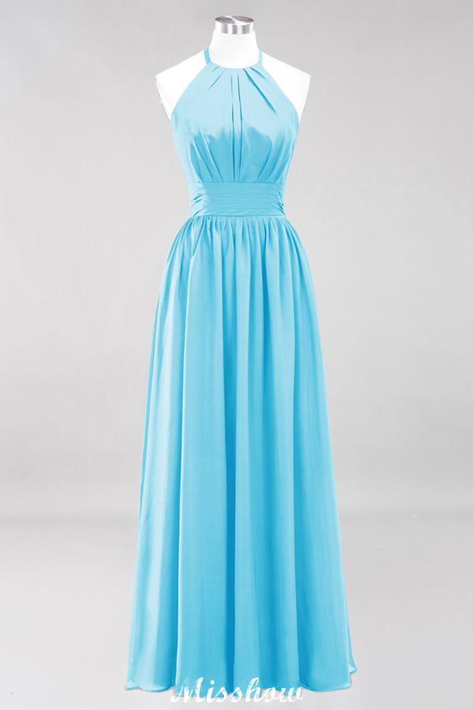 Appliques Halter Sleeveless Floor-Length Bridesmaid Dresses with Ruffles A-line Chiffon Evening Maxi Dress