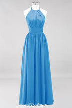 Appliques Halter Sleeveless Floor-Length Bridesmaid Dresses with Ruffles A-line Chiffon Evening Maxi Dress