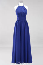 Appliques Halter Sleeveless Floor-Length Bridesmaid Dresses with Ruffles A-line Chiffon Evening Maxi Dress